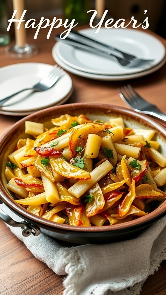 Savory New Year Sautéed cabbage in a bowl, garnished with parsley, in a cozy kitchen setting.